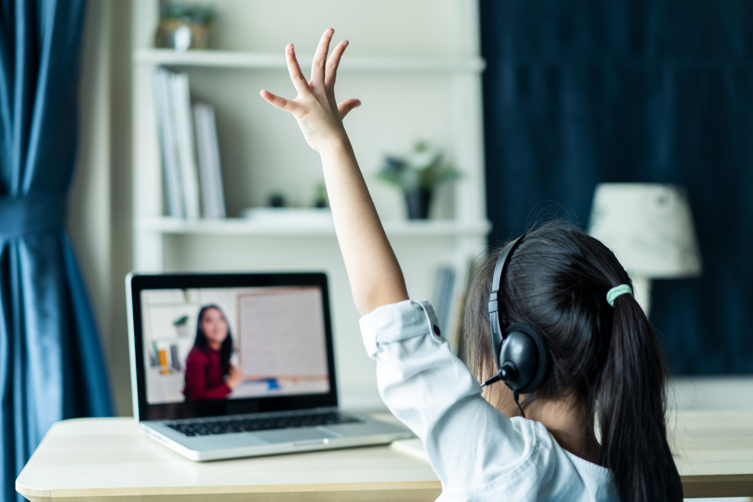 young virtual student raising hand