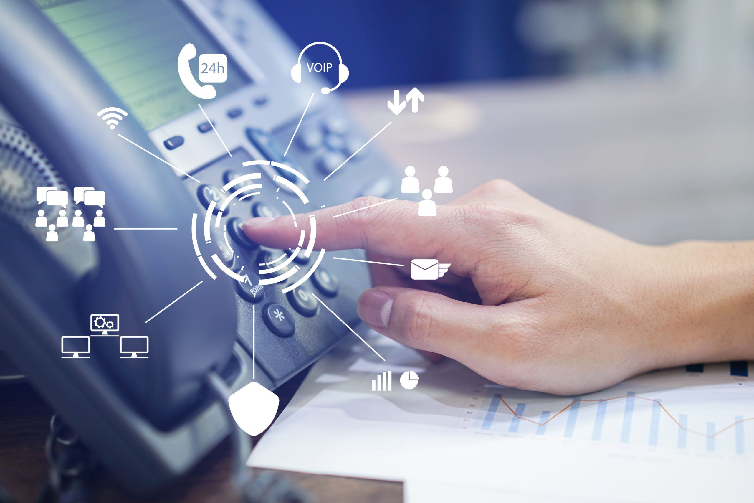 photo of employees hand using Telephony telecommunications