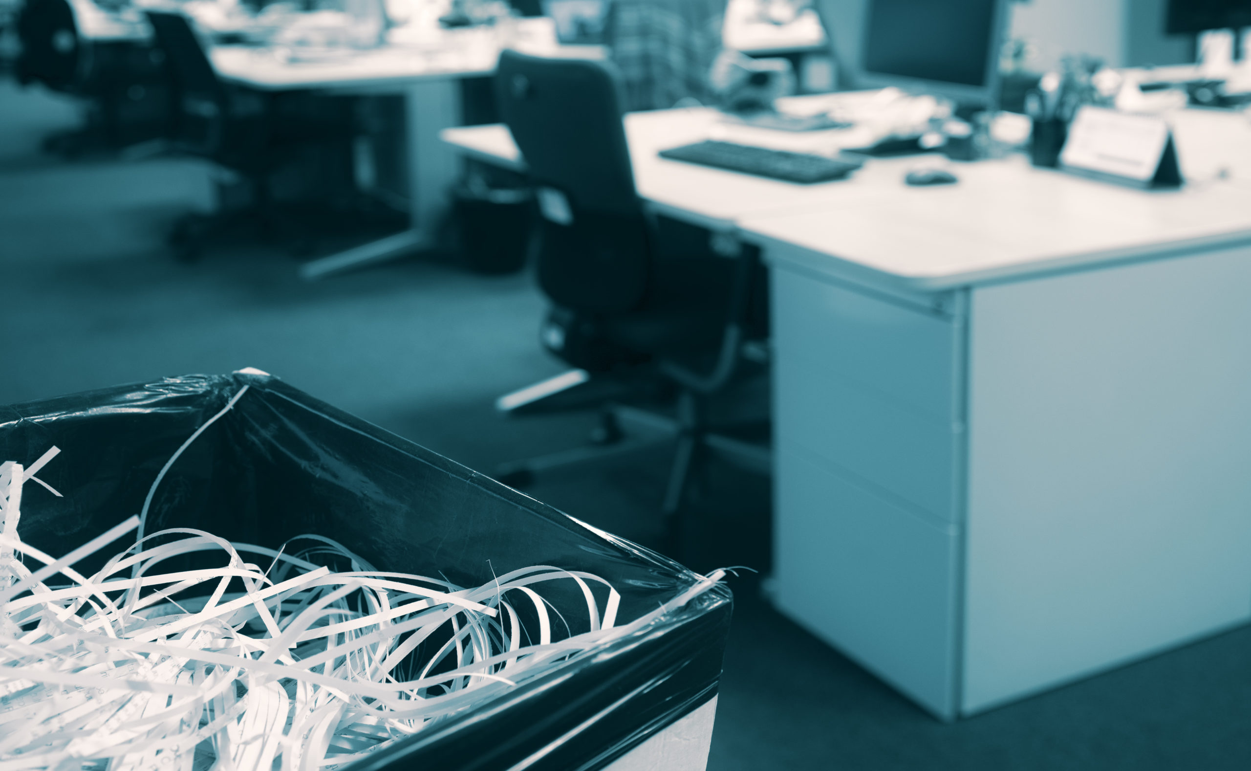 Office with shredded paper in a bin