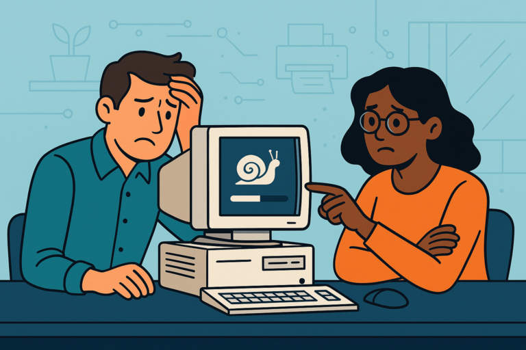 Business people frustrated with outdated hardware