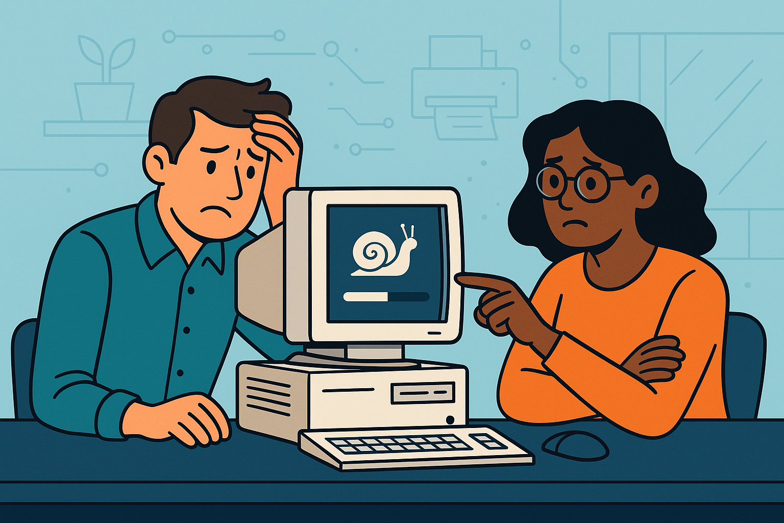 Business people frustrated with outdated hardware