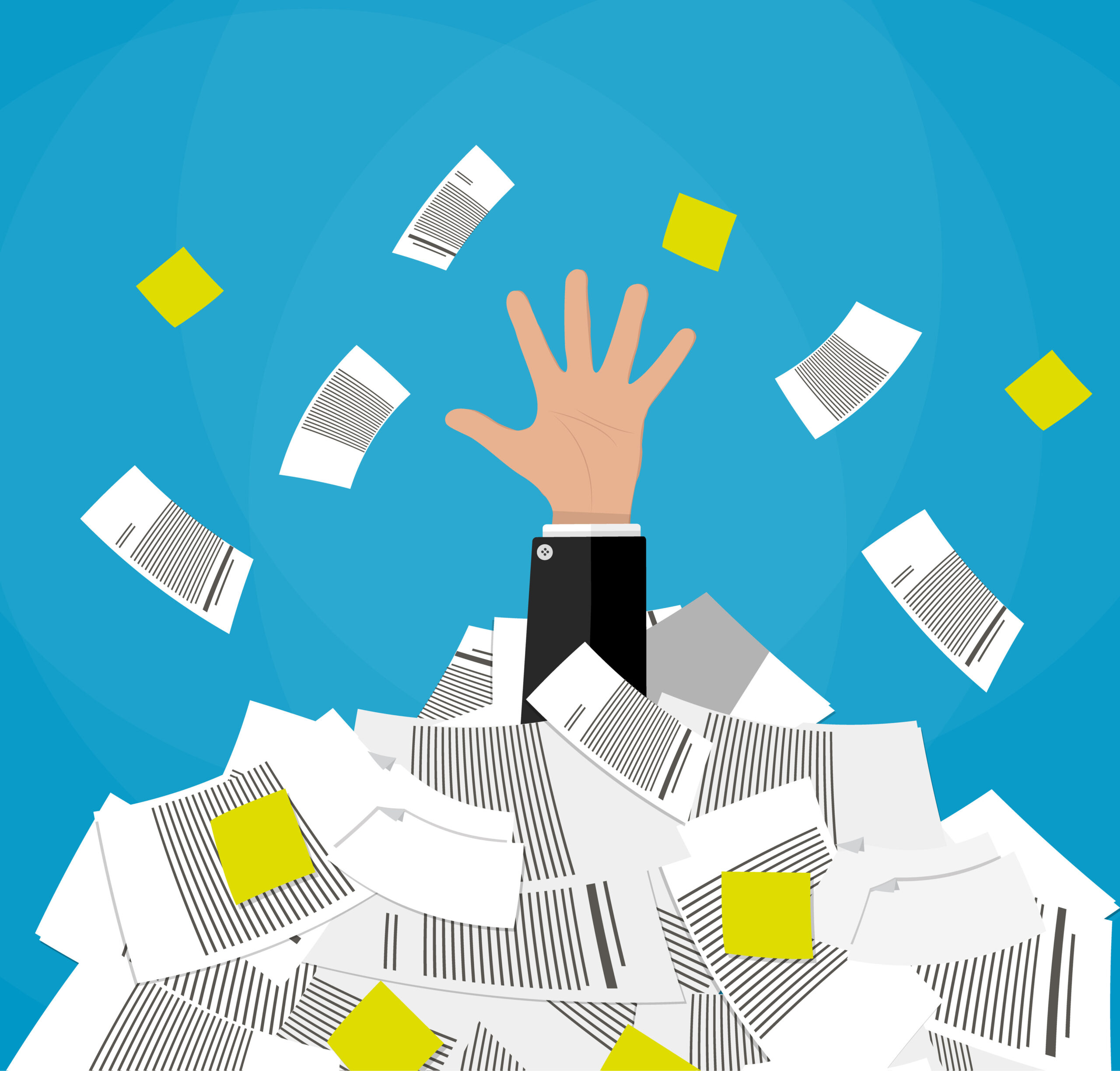 Stressed cartoon businessman in pile of office papers and documents