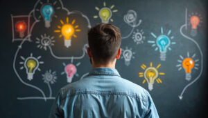 Back view of man looking at light bulbs on blackboard. Concept of creative thinking innovative idea generation. Concept of business solution brainstorming. New tech concepts for, company development.