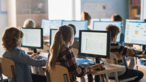 Elementary School Science Classroom: Teacher Educates Smart young students