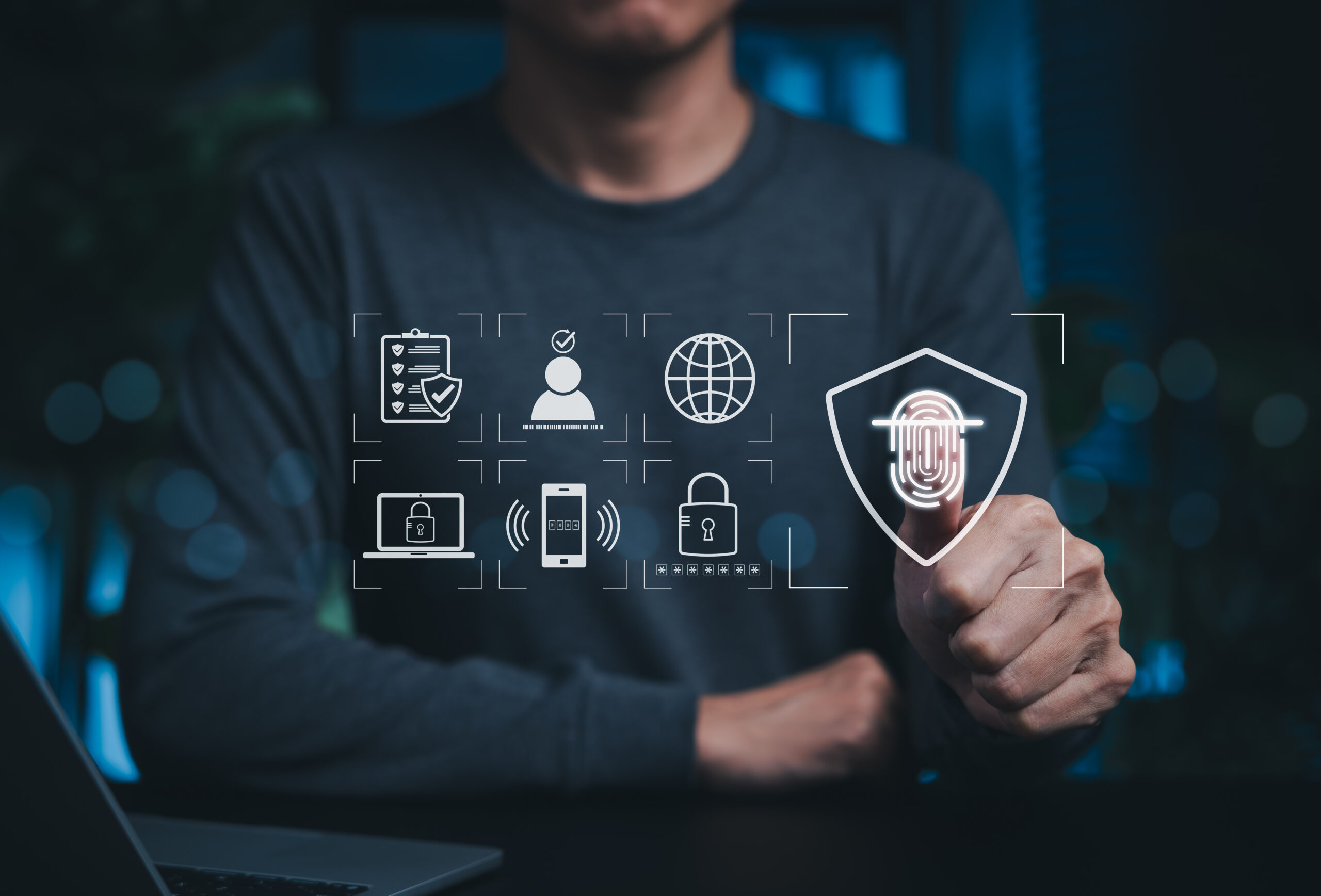Cybersecurity and Biometric Identity Authentication System. Person using fingerprint scanning technology with icons represent security protocols, data protection, access control, identity verification