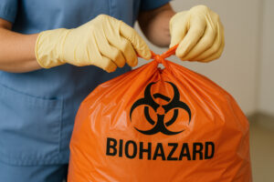 Biohazard Waste Handling: An image showcasing the careful process of handling biohazard waste, highlighting safety protocols in medical or laboratory settings.