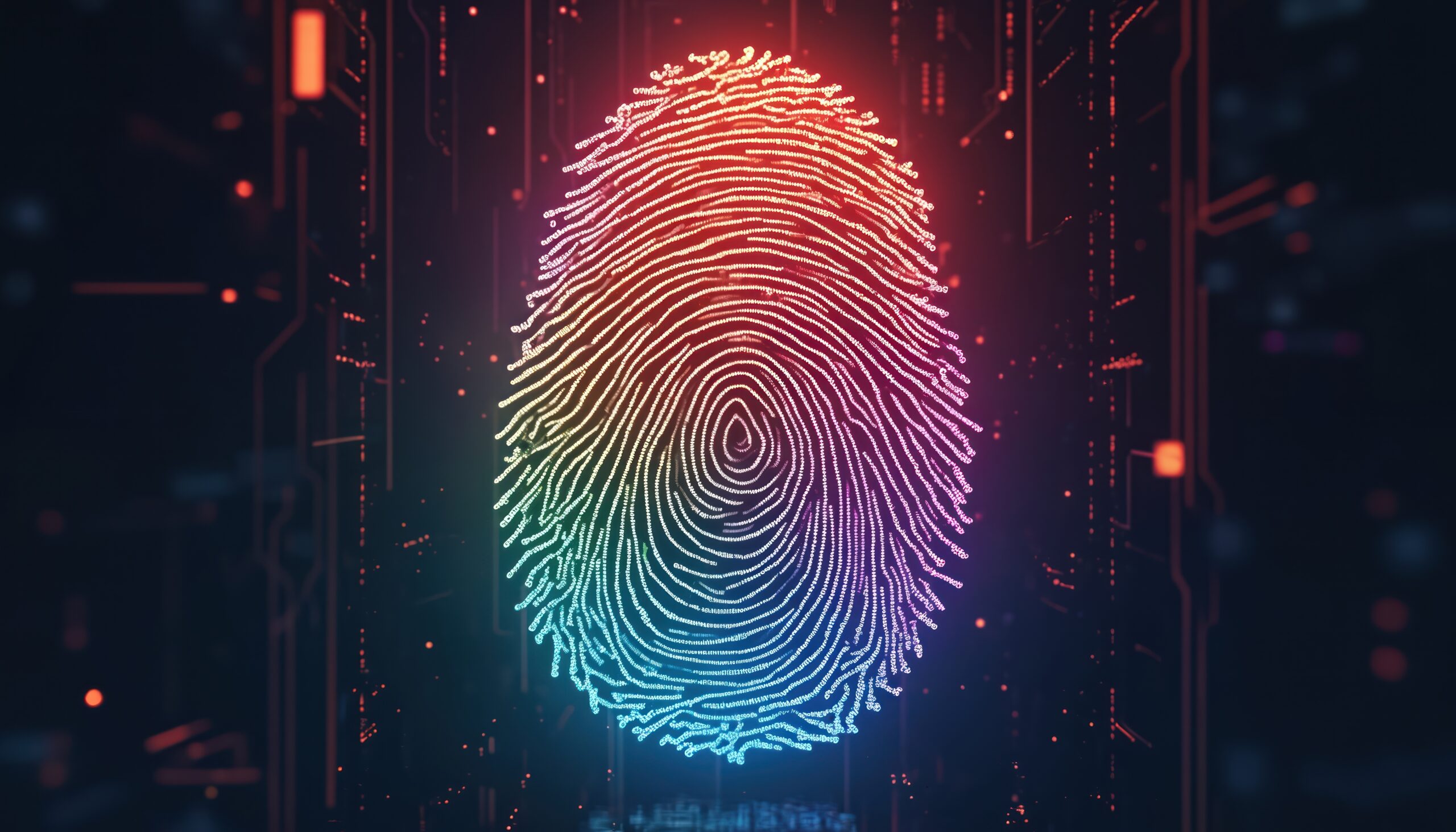 Glowing digital fingerprint with colorful particles forms on dark circuit board background. Abstract representation of biometrics identity verification, secure access data protection.