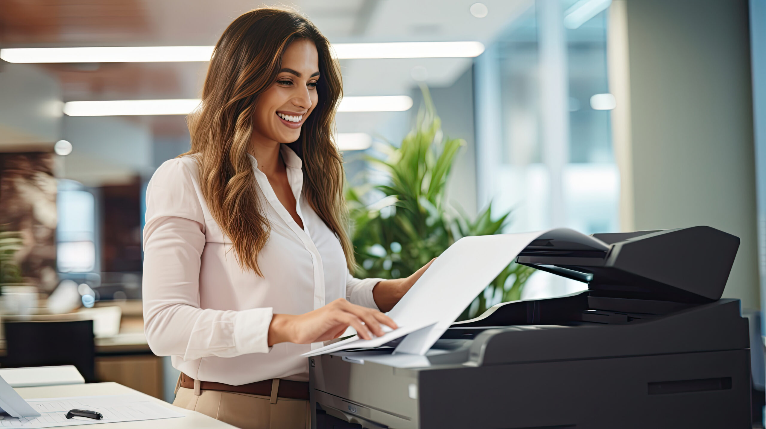 happy business executive beautiful woman working taking paper from modern office printer copier