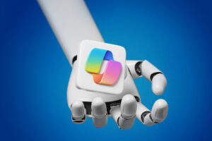 Robotic hand holding a copilot logo icon. 3d illustration.