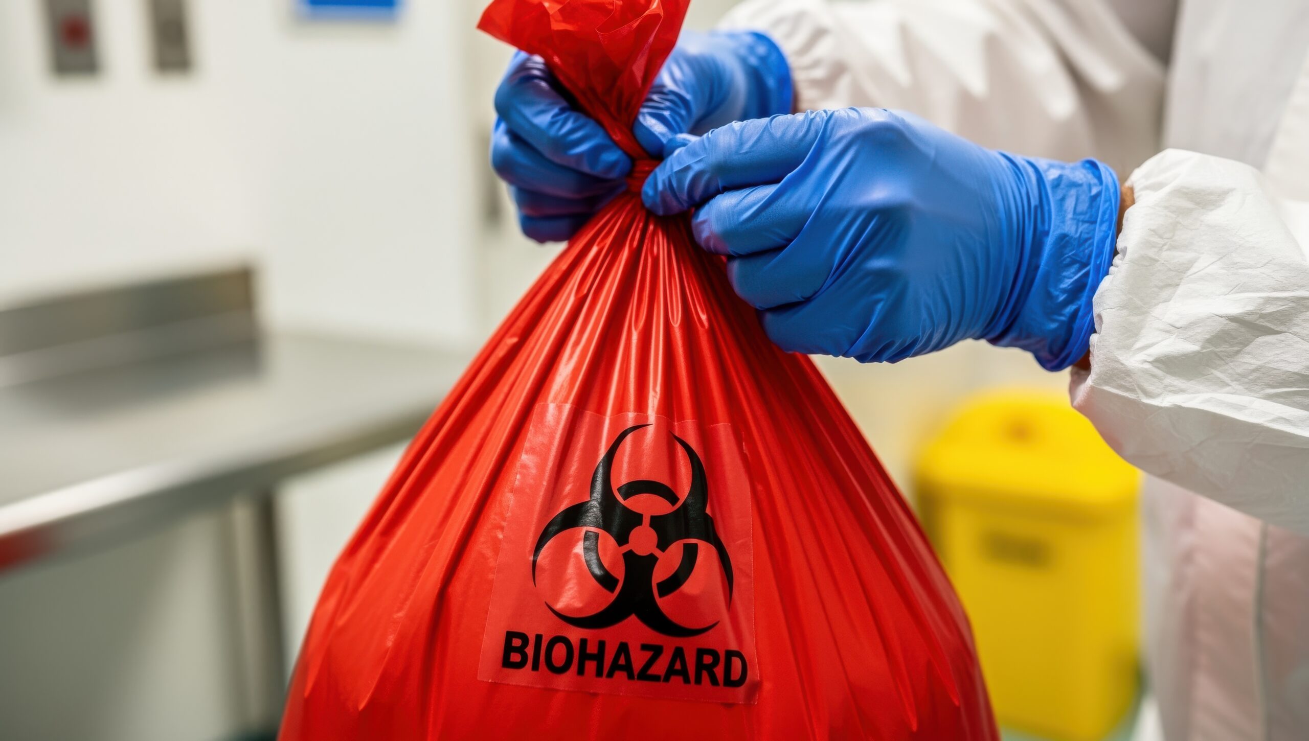 Biomedical waste disposal container and biomedical waste disposal bag in a healthcare facility.