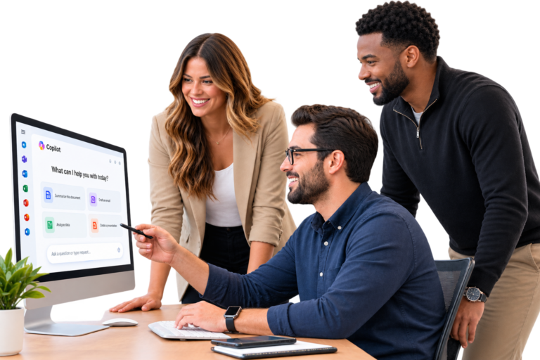 Group of professionals huddled around a desk working collaborating on AI Tools