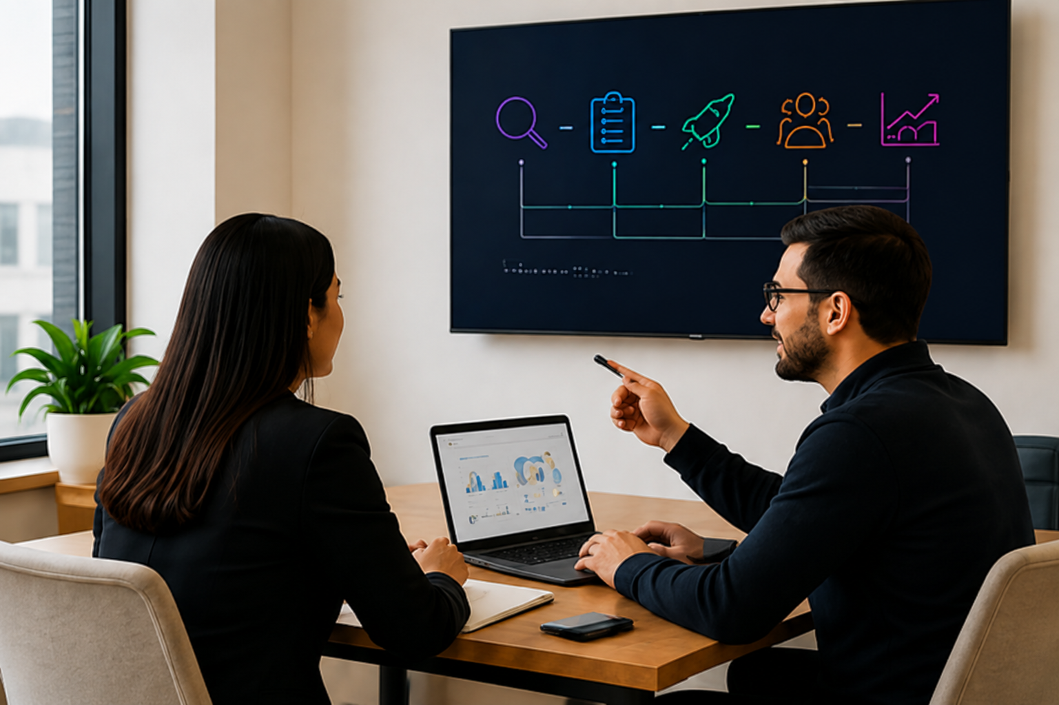 Two business professionals in a meeting discussing AI tools