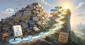 Workflow automation illustration climbing a mountain.