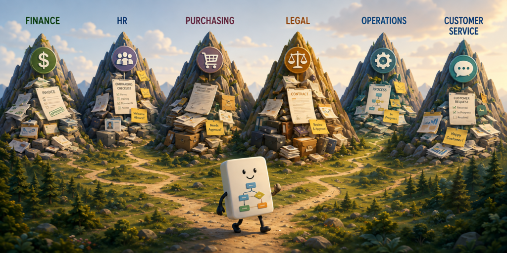 Workflow illustration in front of sorted department processes