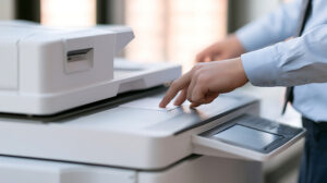 A professional office worker use a modern copy machine in a bright workspace, person press start button on a digital control panel print